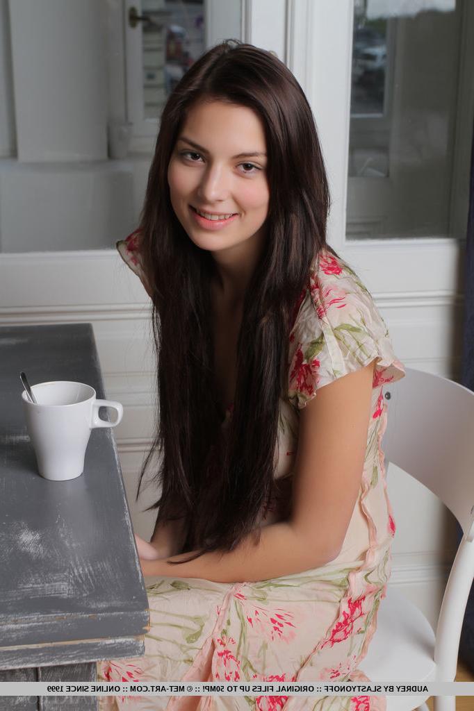 18P Brunette Euro babe with sexy legs spreading shaved teen pussy