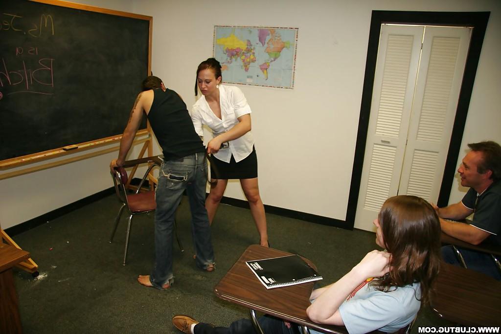 16P Salacious teacher in miniskirt strips and gives a great handjob