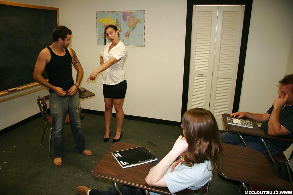 16P Salacious teacher in miniskirt strips and gives a great handjob