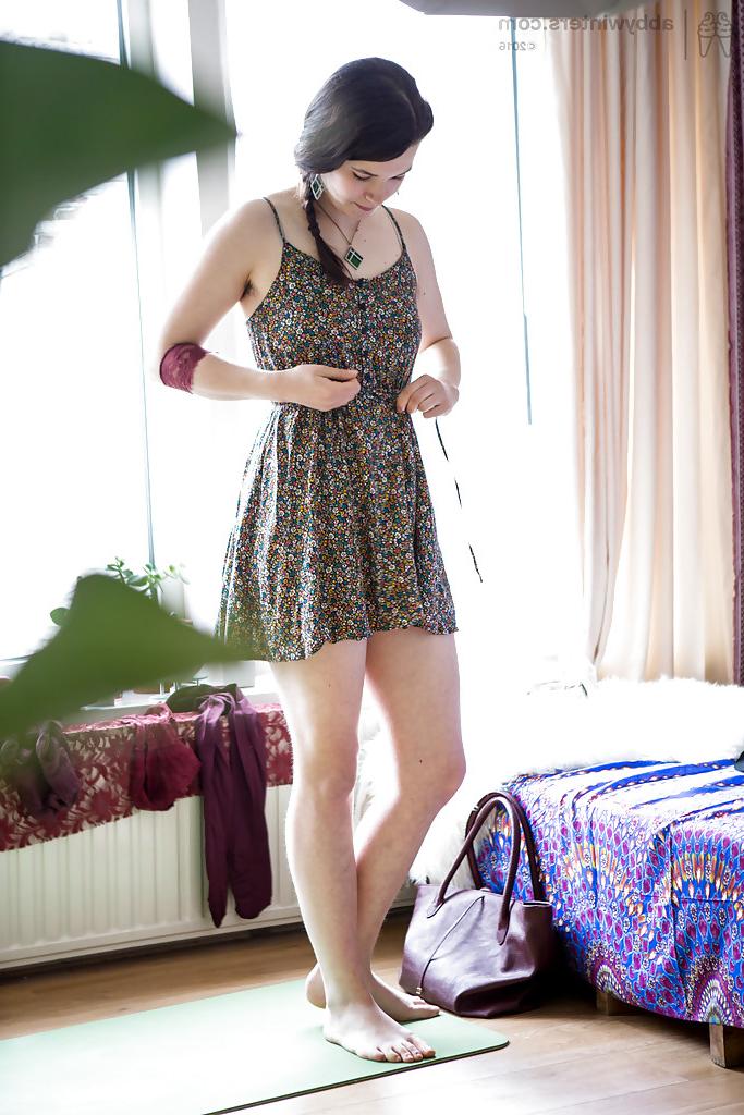 16P Hidden voyeur spies brunette amateur Emilia pulling on panties and dress