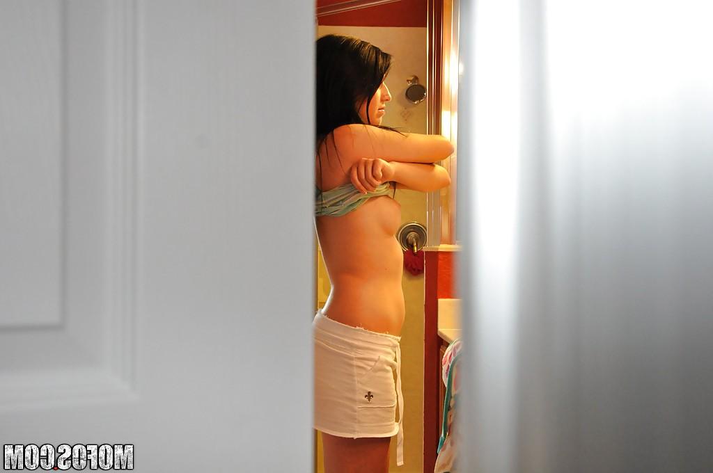 16P Petite teen with nice bosoms Megan Piper gets sneak peaked taking shower