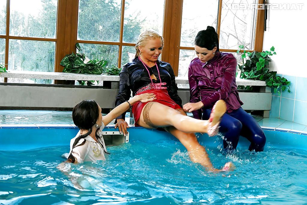 16P Playful fetish ladies have some fully clothed fun in the pool