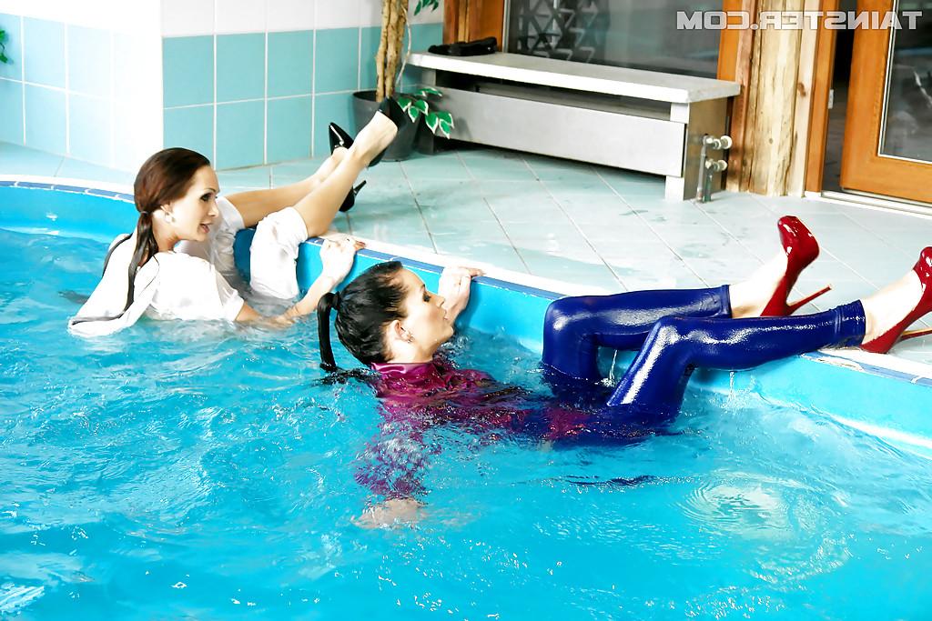 16P Playful fetish ladies have some fully clothed fun in the pool