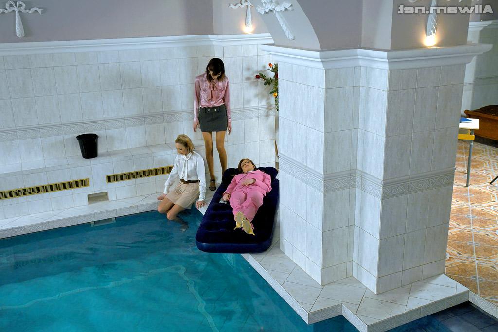 16P Fully clothed fetish ladies having some wet fun in the pool