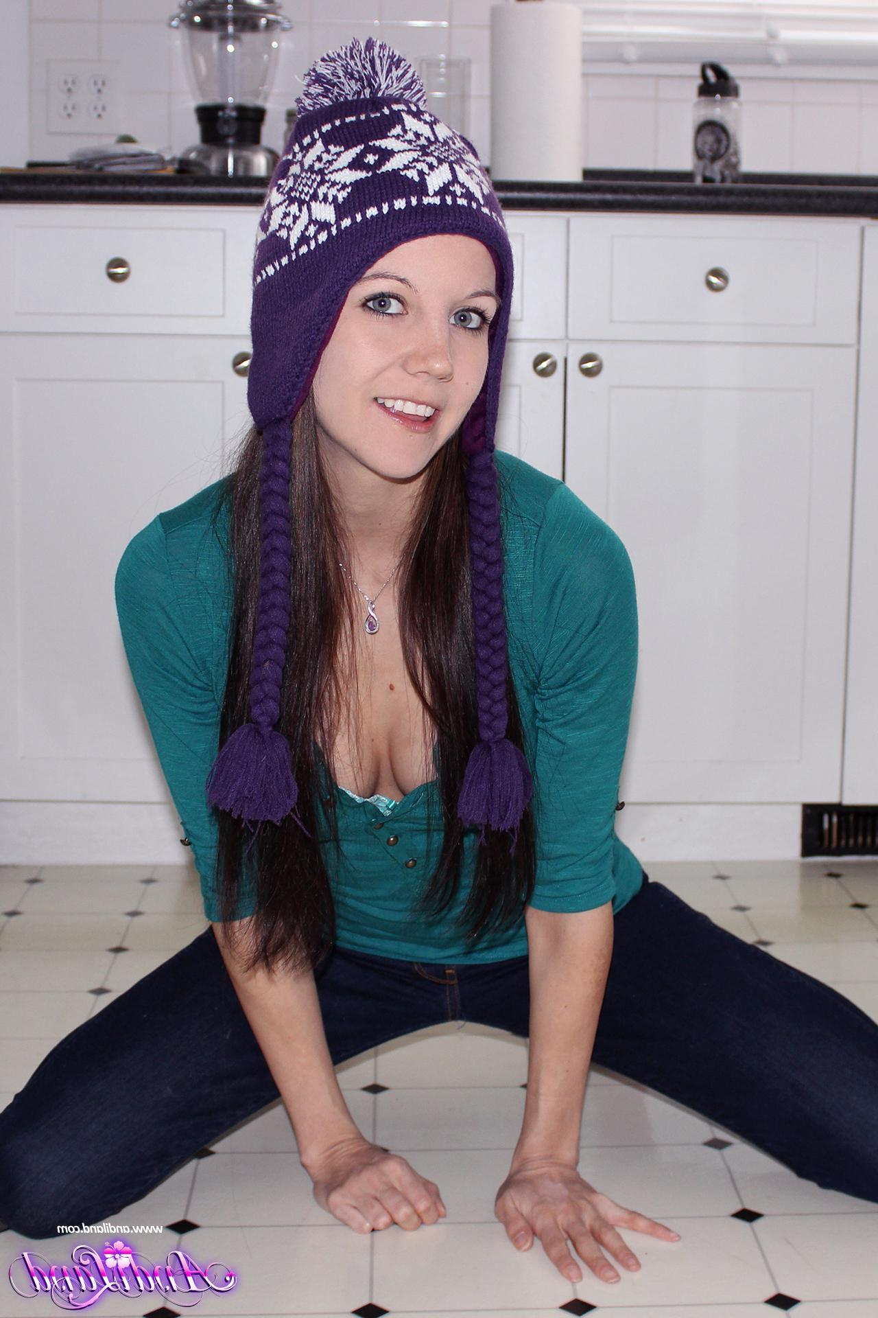 15P Andi Land strips and teases in her winter toque and socks