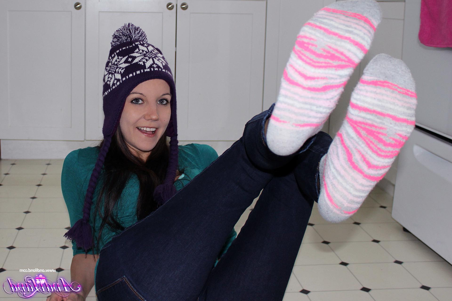 15P Andi Land strips and teases in her winter toque and socks