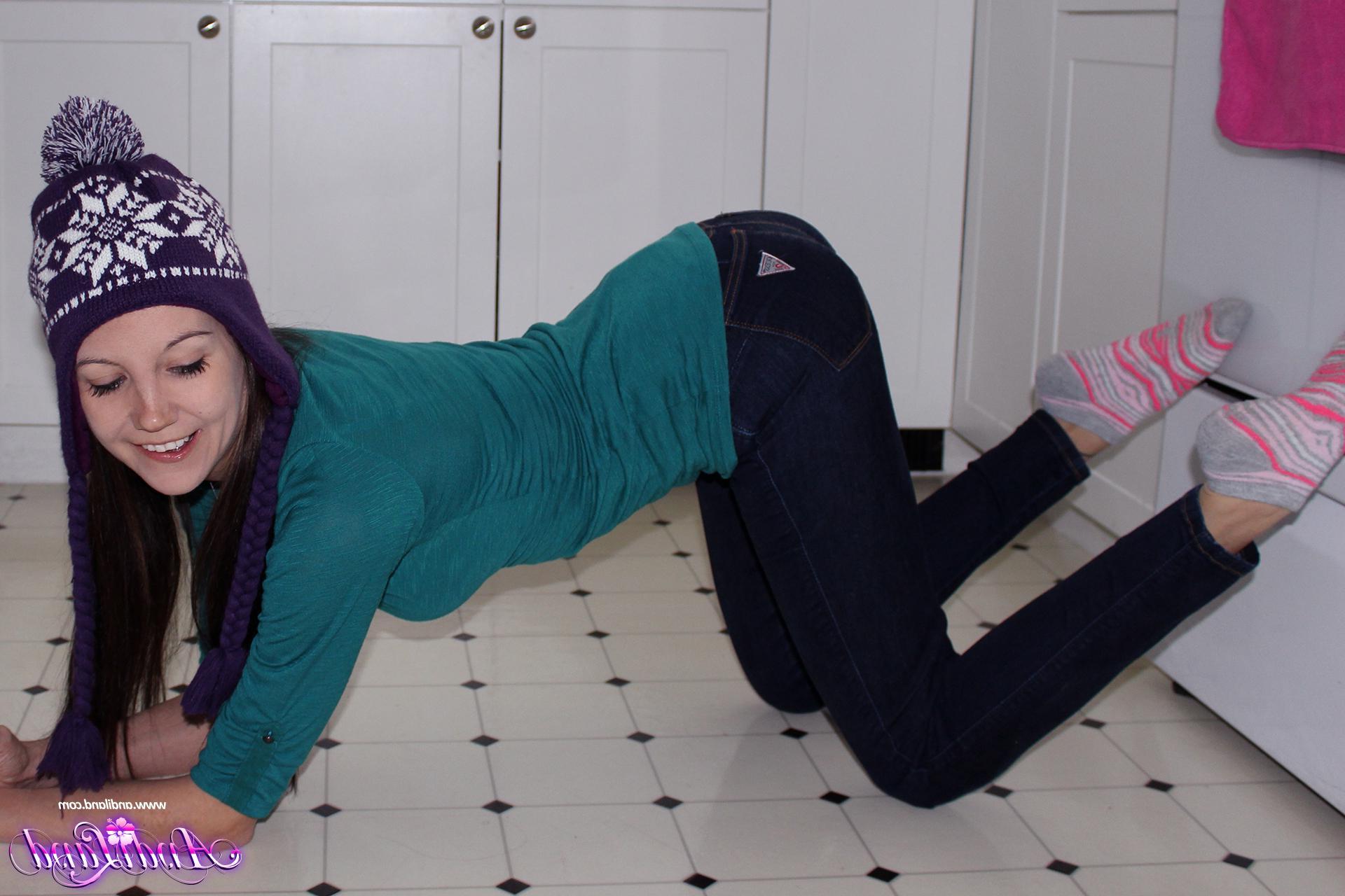 15P Andi Land strips and teases in her winter toque and socks
