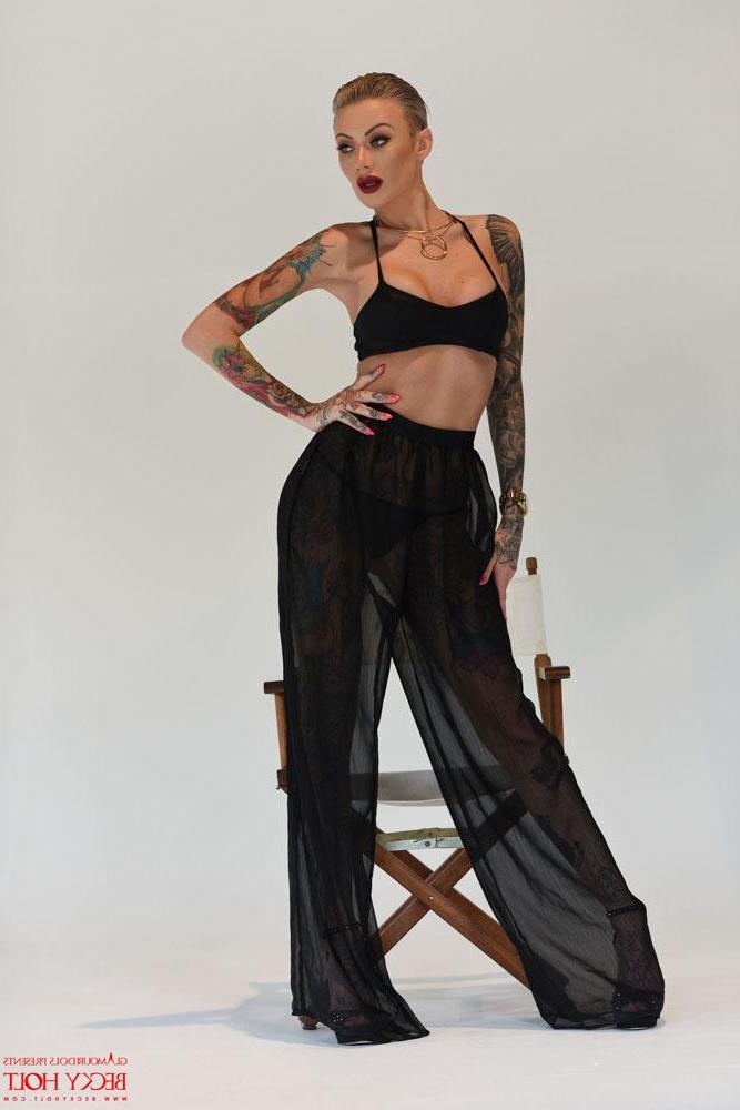 12P Becky Holt shows off her new short hair in her black see thru pants
