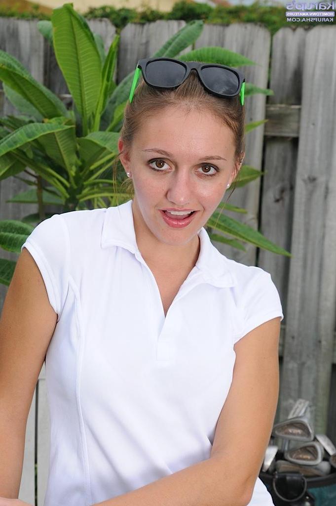 15P Spunky Chandler Fay strips naked in the backyard