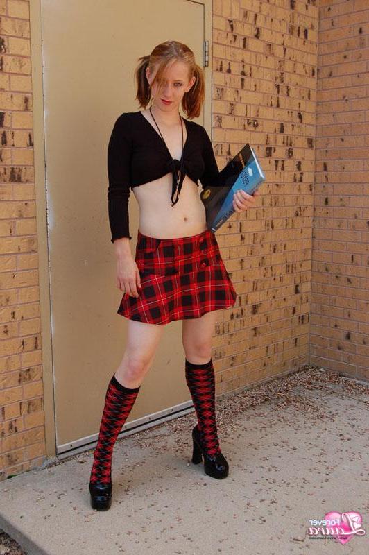 16P Pictures of redhead teen schoolgirl Forever Laura showing you up her skirt