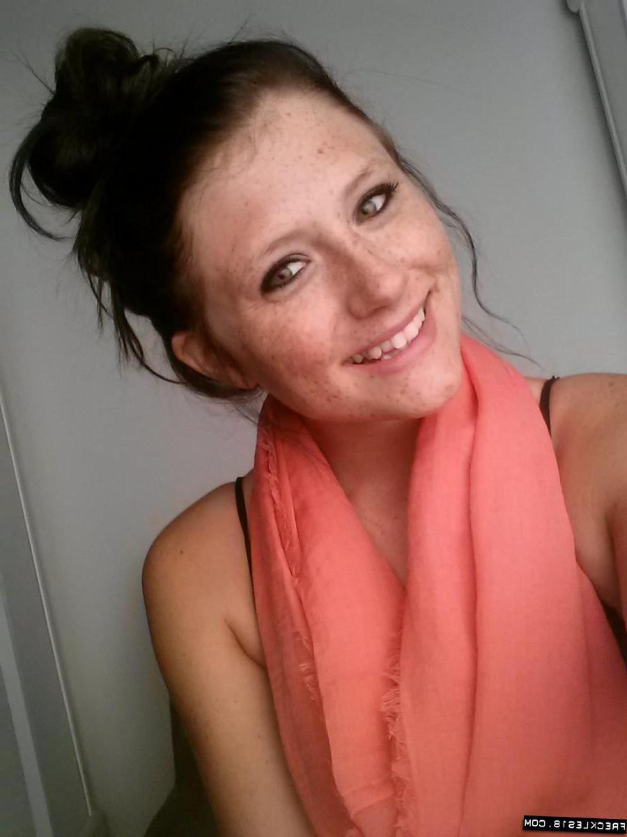 12P Pretty brunette girl Freckles 18 takes selfies in her melon scarf