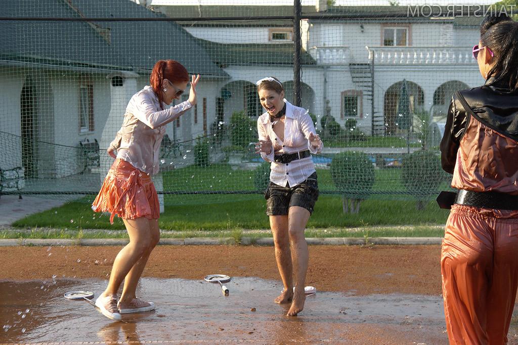 16P Seductive fully clothed fetish babes having some wet fun outdoor
