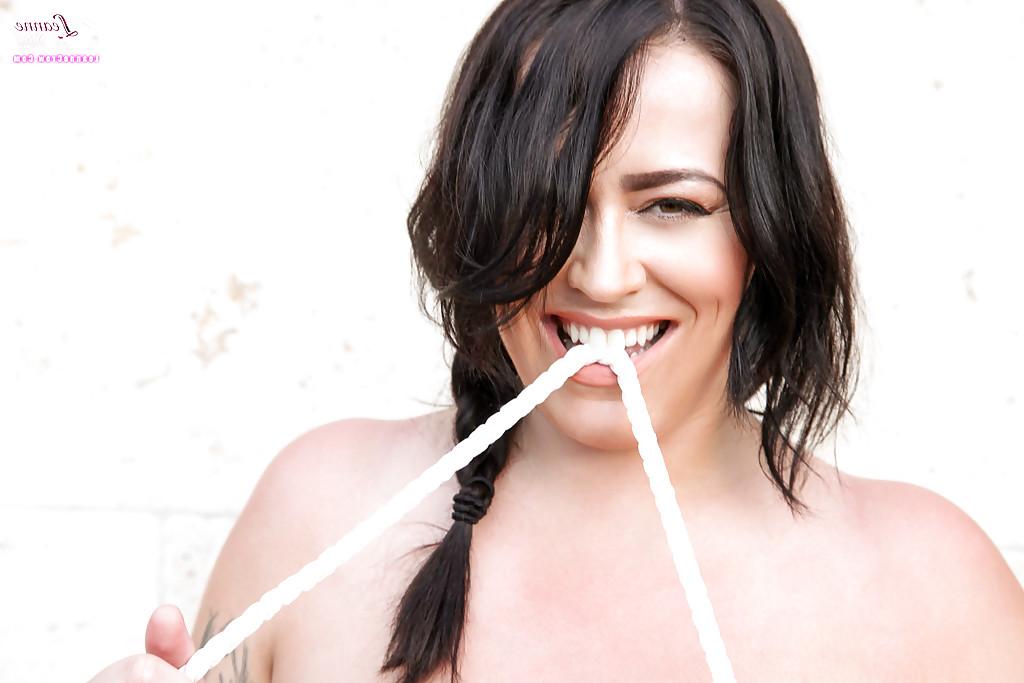 12P Brunette European babe Leanne Crow flaunting monster tits in panties