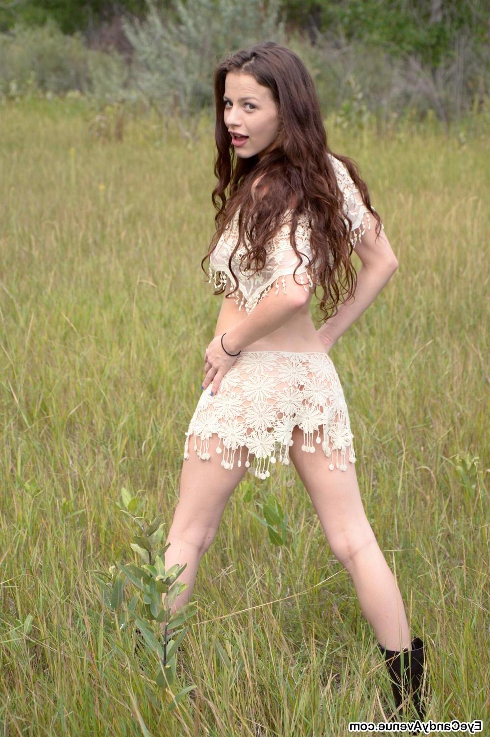 16P Brunette girl Iva strips outside in delicate lace, showing everything