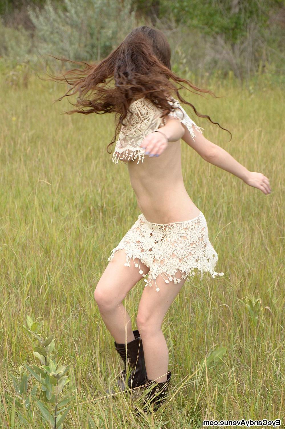 16P Brunette girl Iva strips outside in delicate lace, showing everything