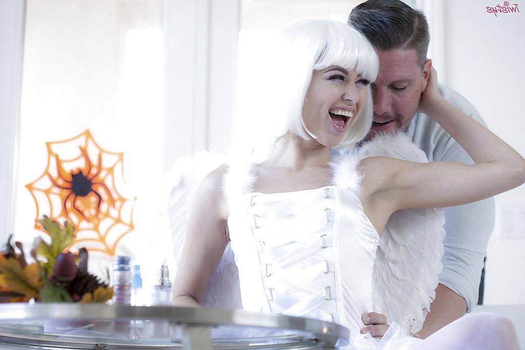 16P Platinum blonde pornstar Riley Reid blowing and riding cock in white stockings