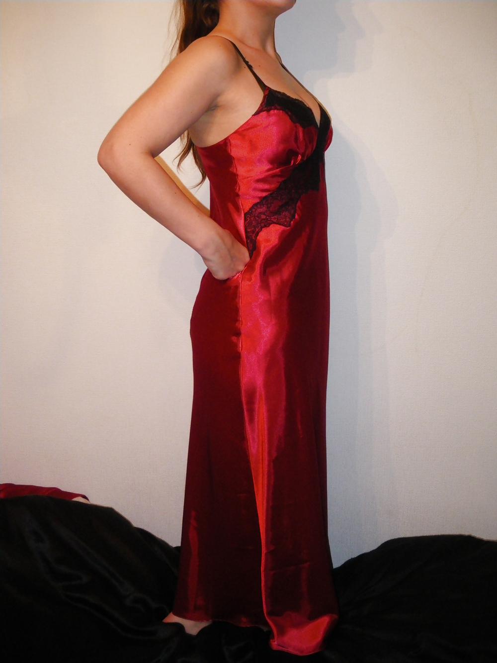 6P My new red satin nightdress, panties silky liquid 