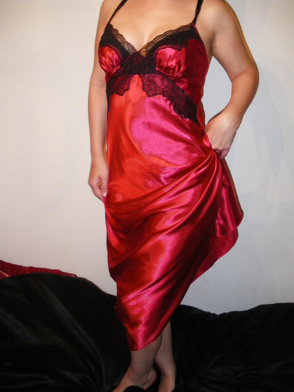 6P My new red satin nightdress, panties silky liquid 