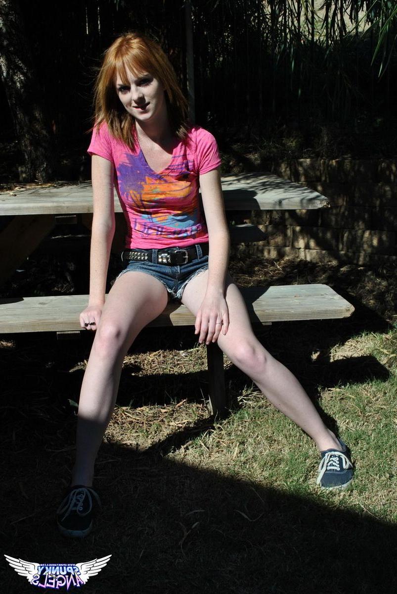 20P Redhead teen Kate Cooper flashes her pussy for you outside