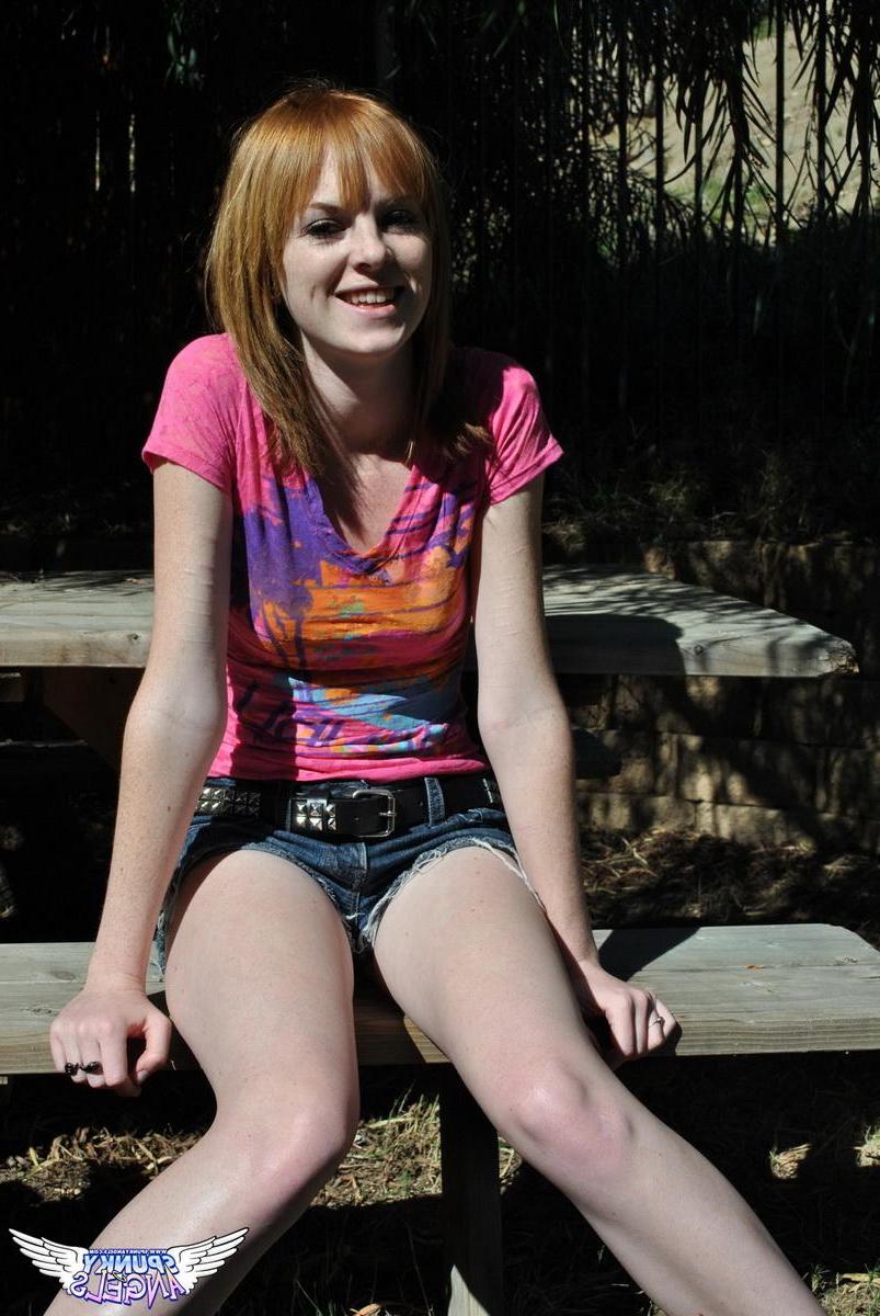20P Redhead teen Kate Cooper flashes her pussy for you outside