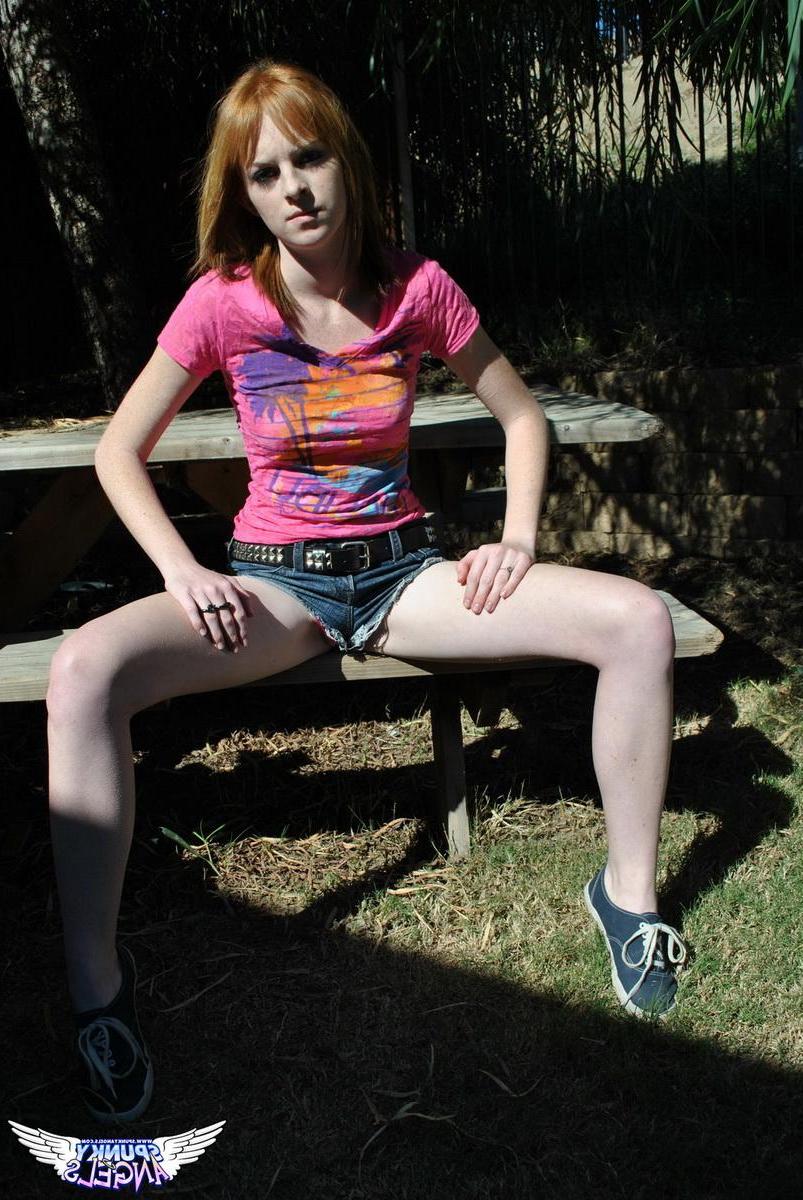 20P Redhead teen Kate Cooper flashes her pussy for you outside