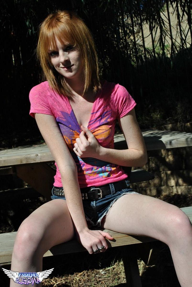 20P Redhead teen Kate Cooper flashes her pussy for you outside