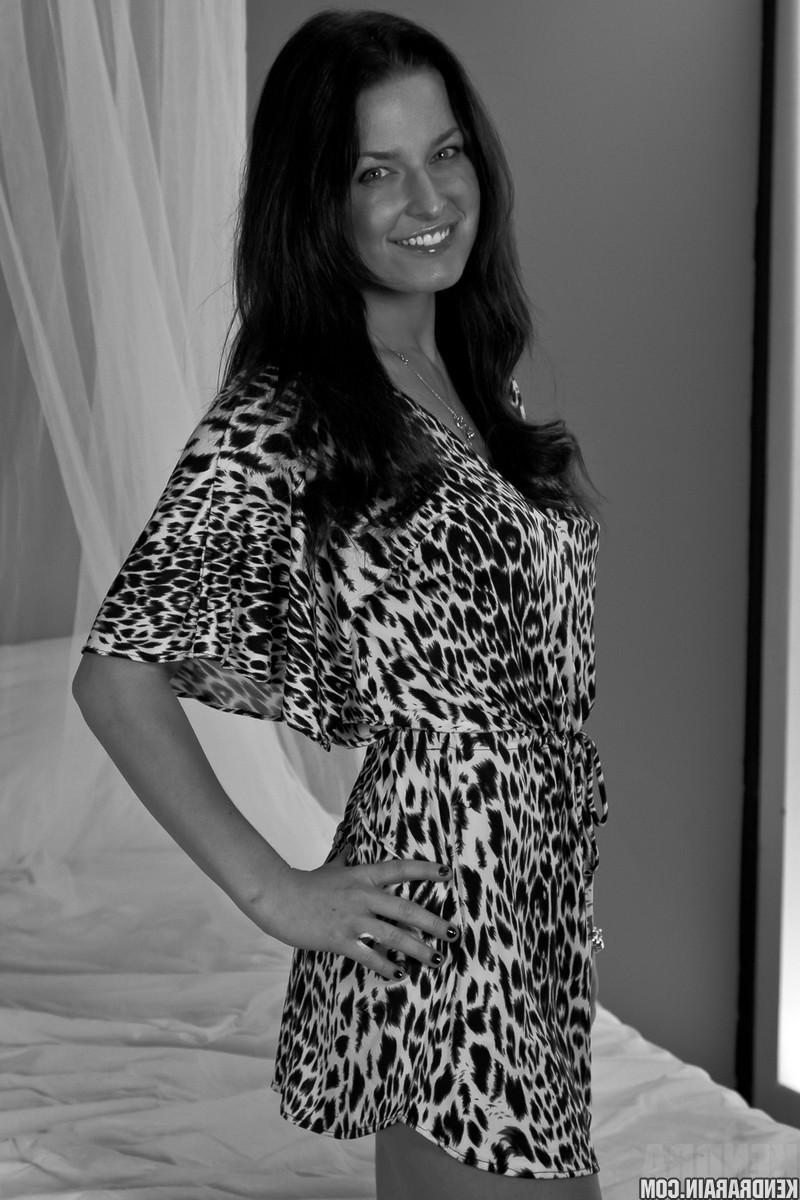 16P Brunette girl Kendra Rain does a sexy black and white set in her leopard dress