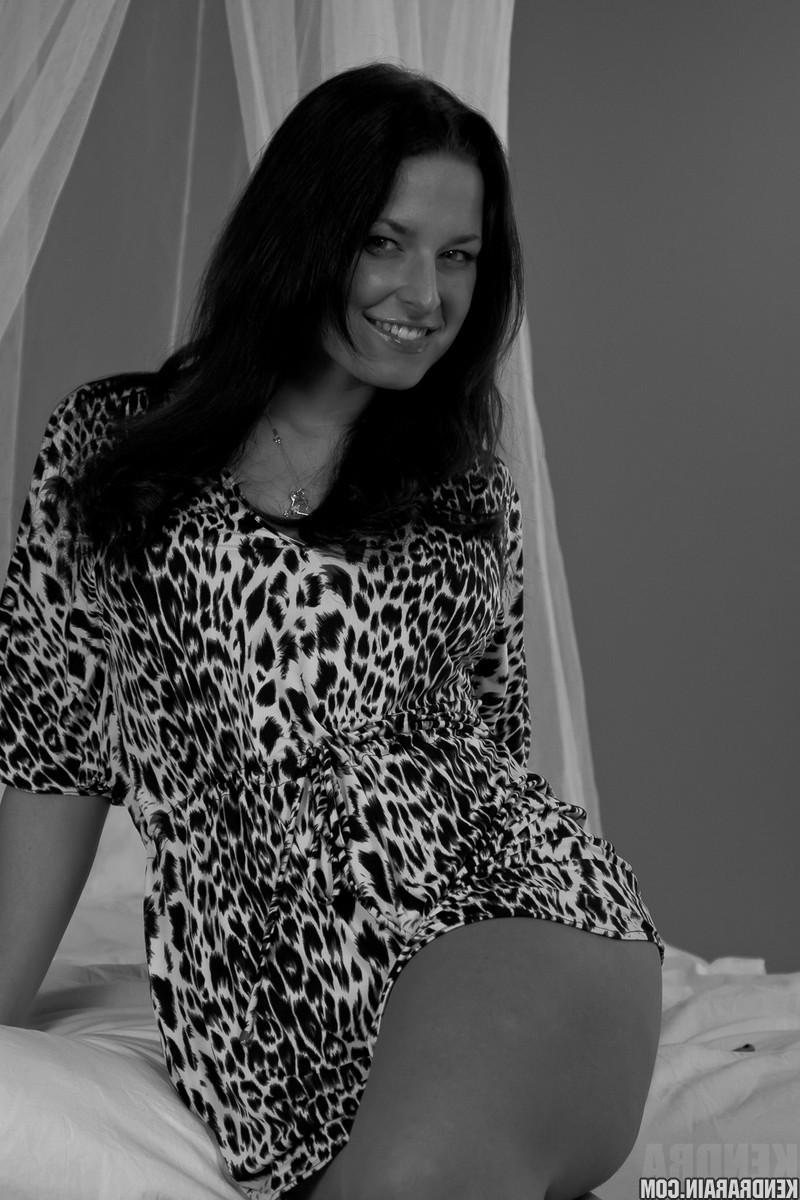 16P Brunette girl Kendra Rain does a sexy black and white set in her leopard dress