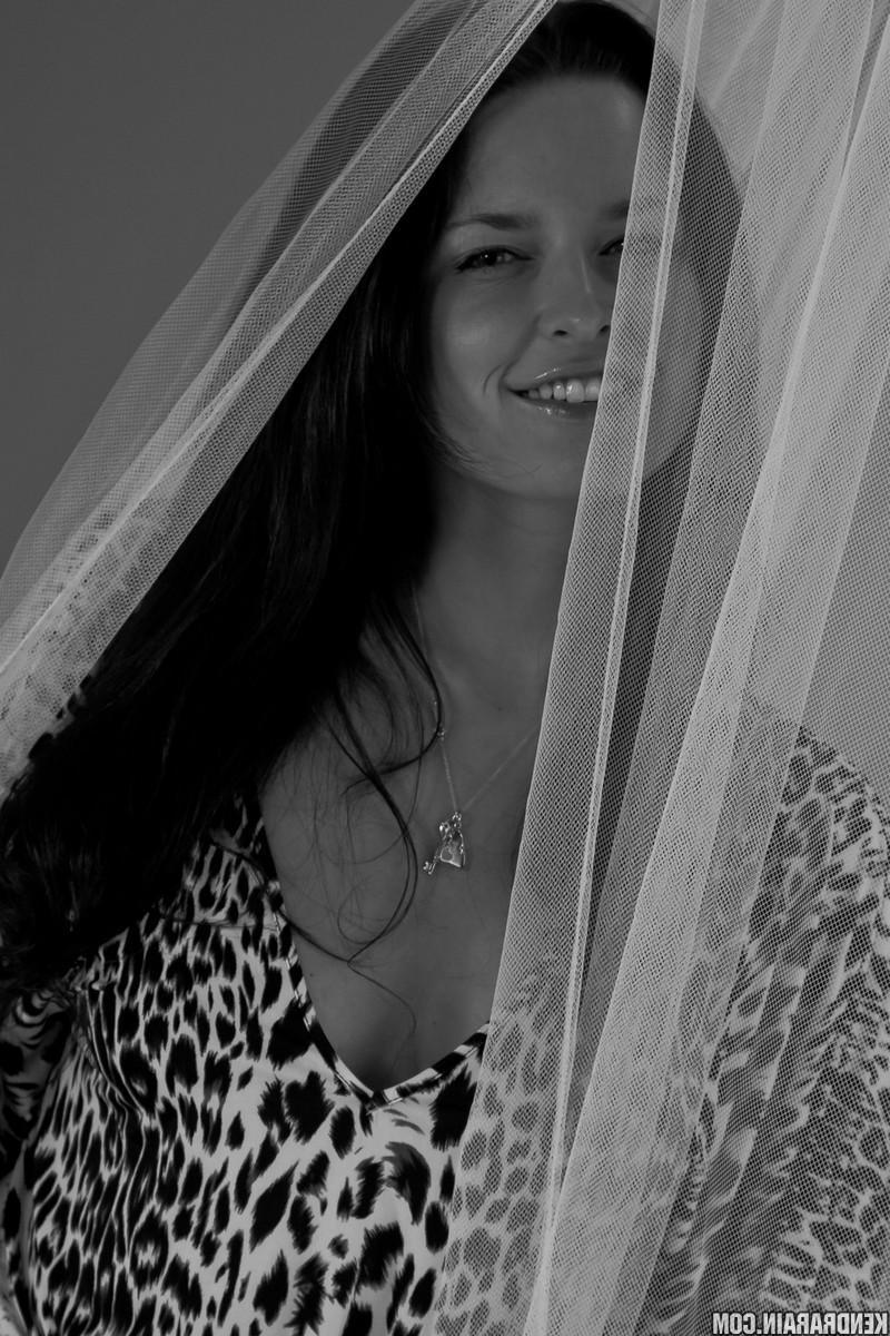 16P Brunette girl Kendra Rain does a sexy black and white set in her leopard dress