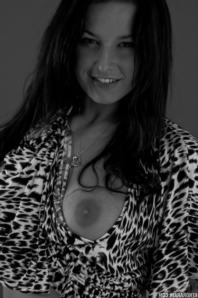16P Brunette girl Kendra Rain does a sexy black and white set in her leopard dress