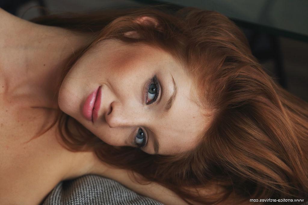 16P Redhead teen Michelle H spreads her legs for you in gray stockings
