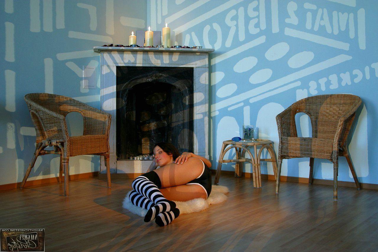 15P Pictures of teen cutie Naughty Christine wearing striped socks