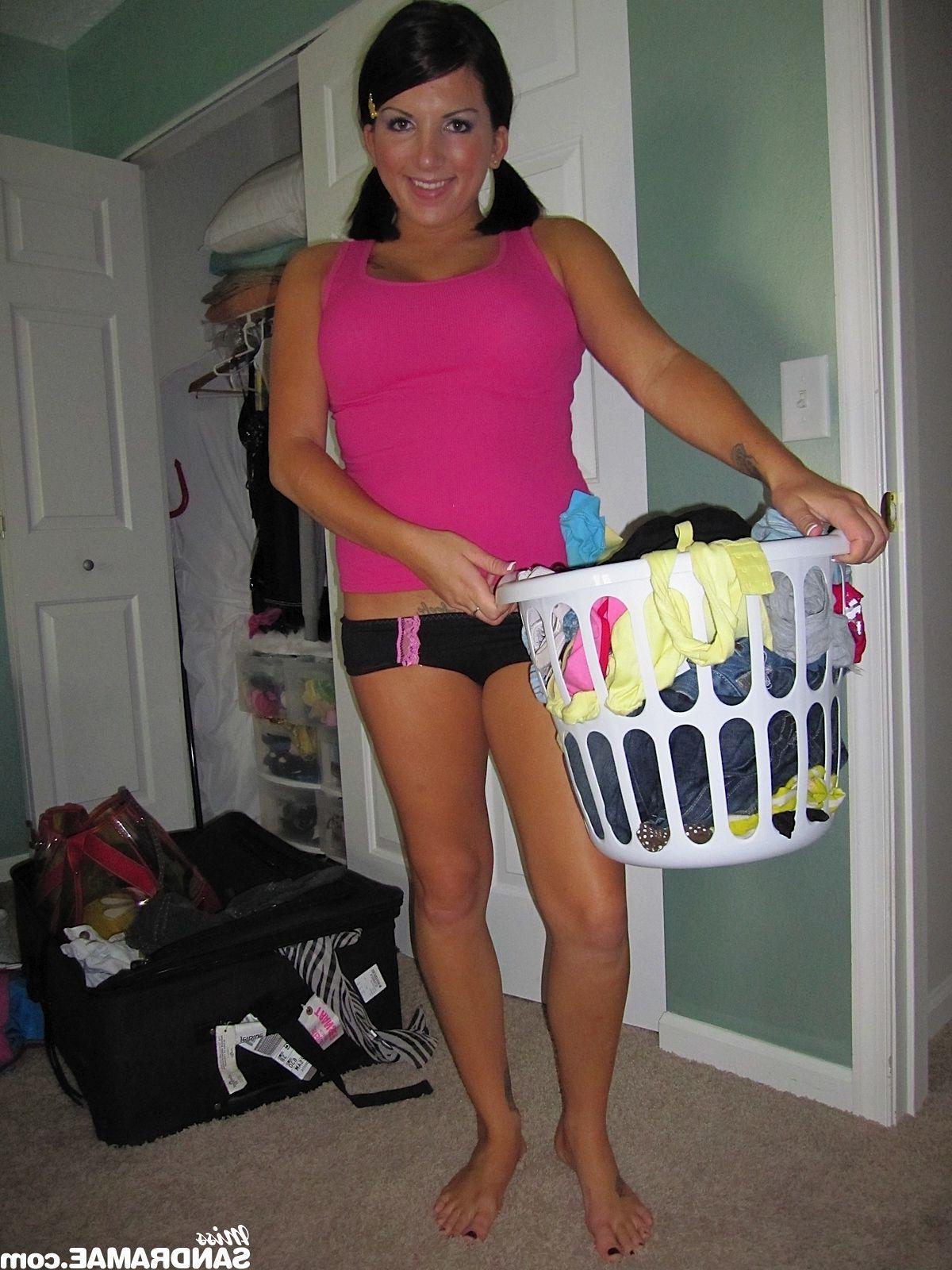 15P Pictures of teen cutie Miss Sandra Mae getting naughty on laundry day