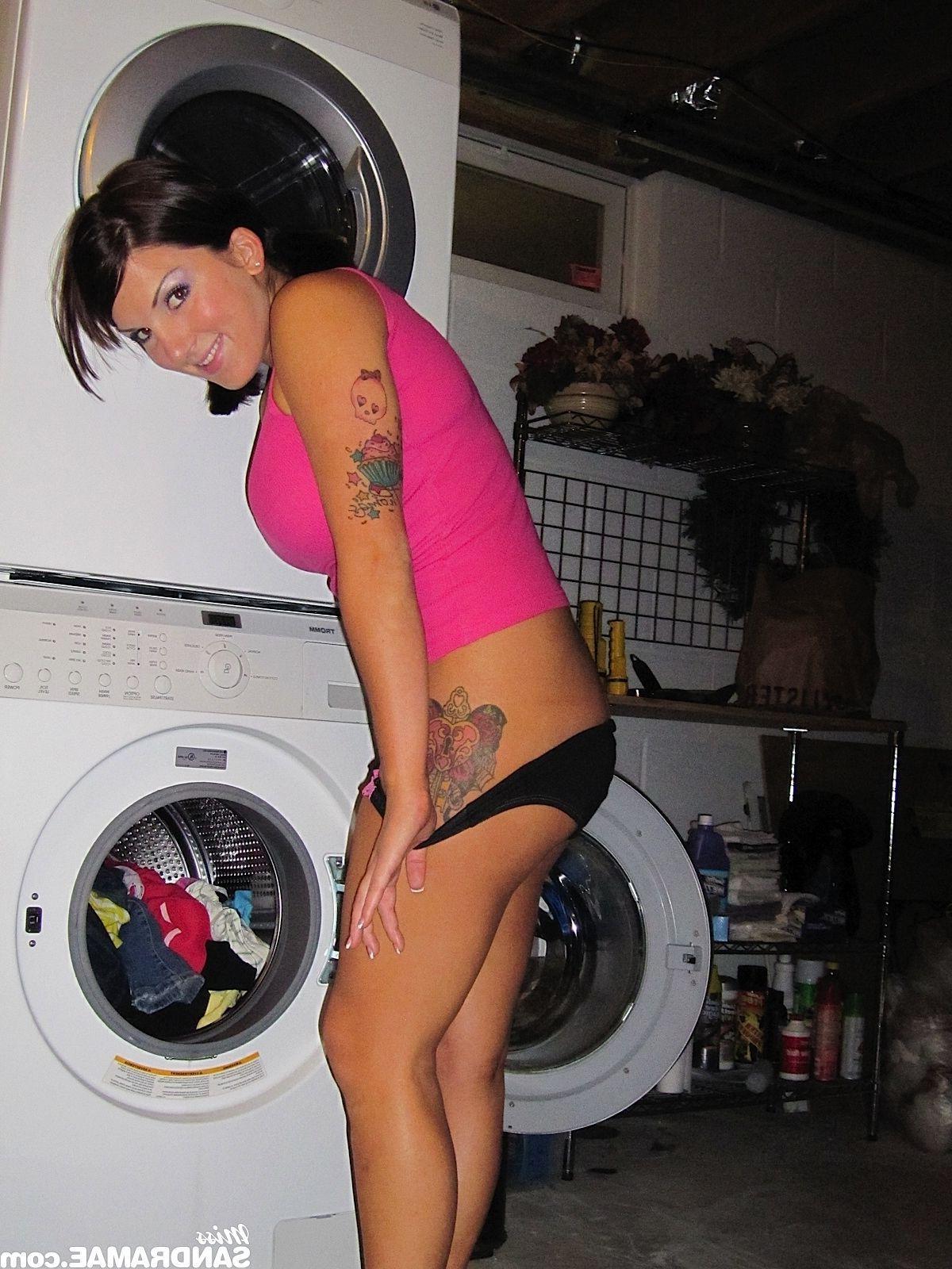 15P Pictures of teen cutie Miss Sandra Mae getting naughty on laundry day