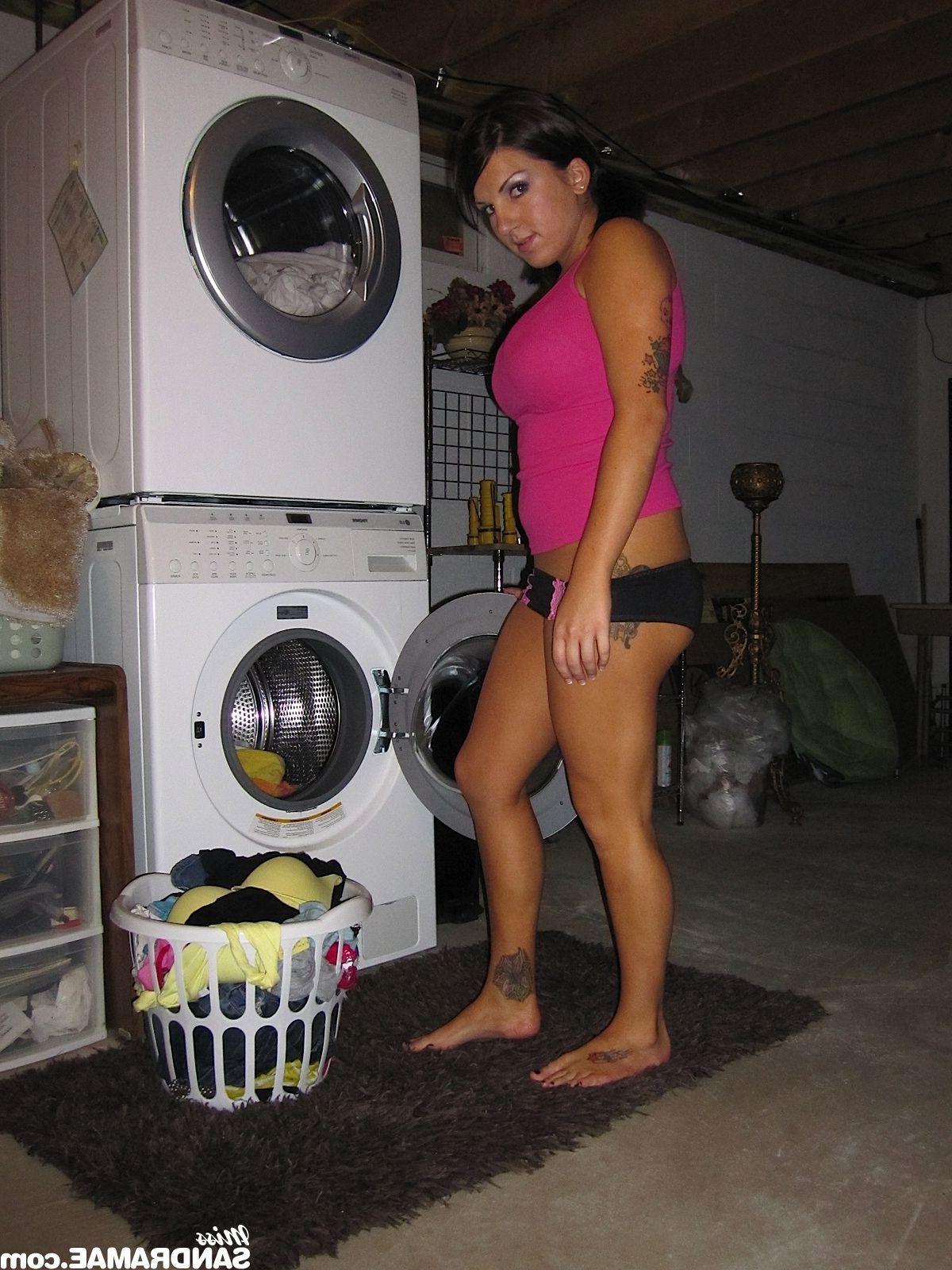 15P Pictures of teen cutie Miss Sandra Mae getting naughty on laundry day