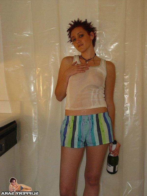 14P Pictures of teen chick Slippery Sara getting ready for a shower