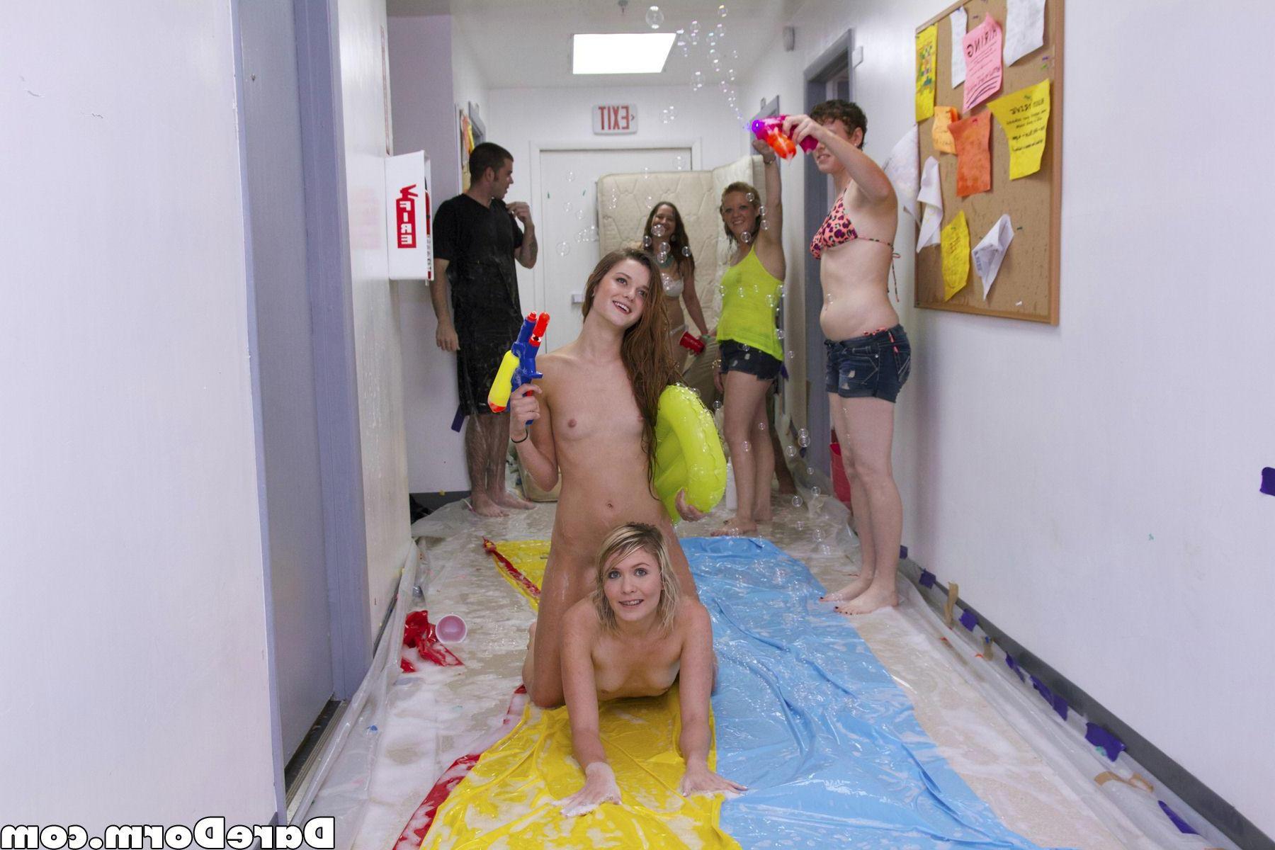 20P Hot college girls set up a slip and slide in the dorm and then fuck on it