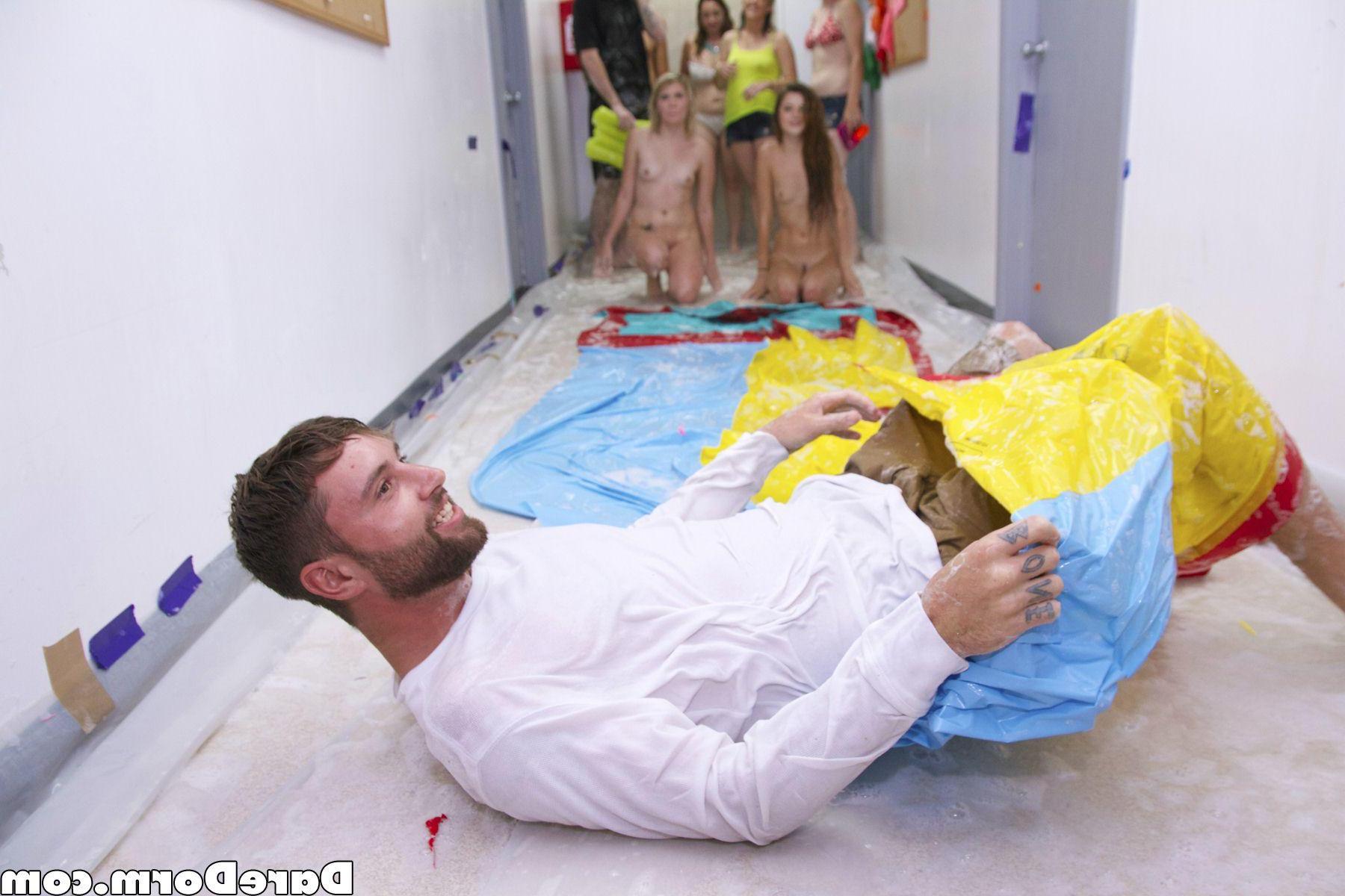 20P Hot college girls set up a slip and slide in the dorm and then fuck on it