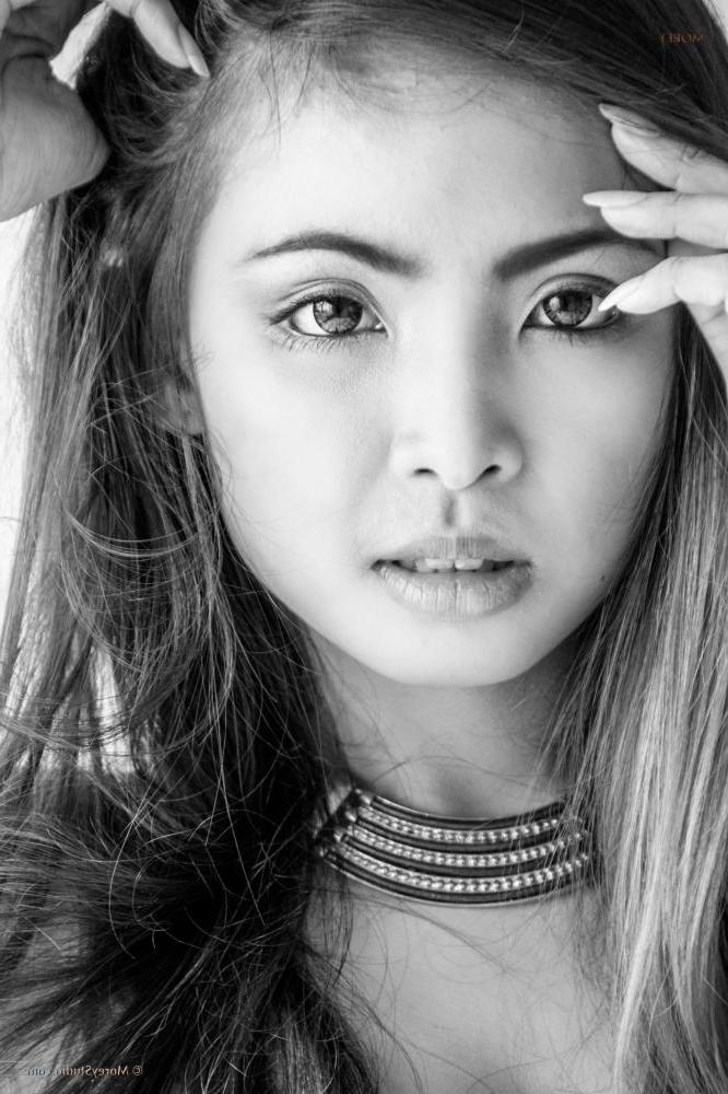 12P Asian girl Lookwa strips out of her lingerie in black and white