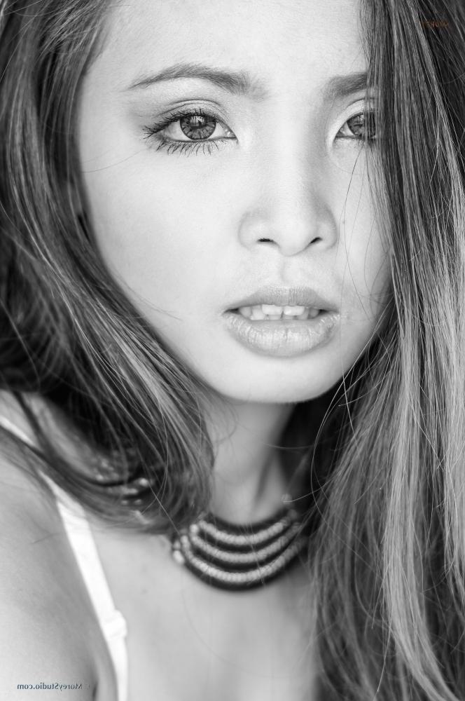 12P Asian girl Lookwa strips out of her lingerie in black and white