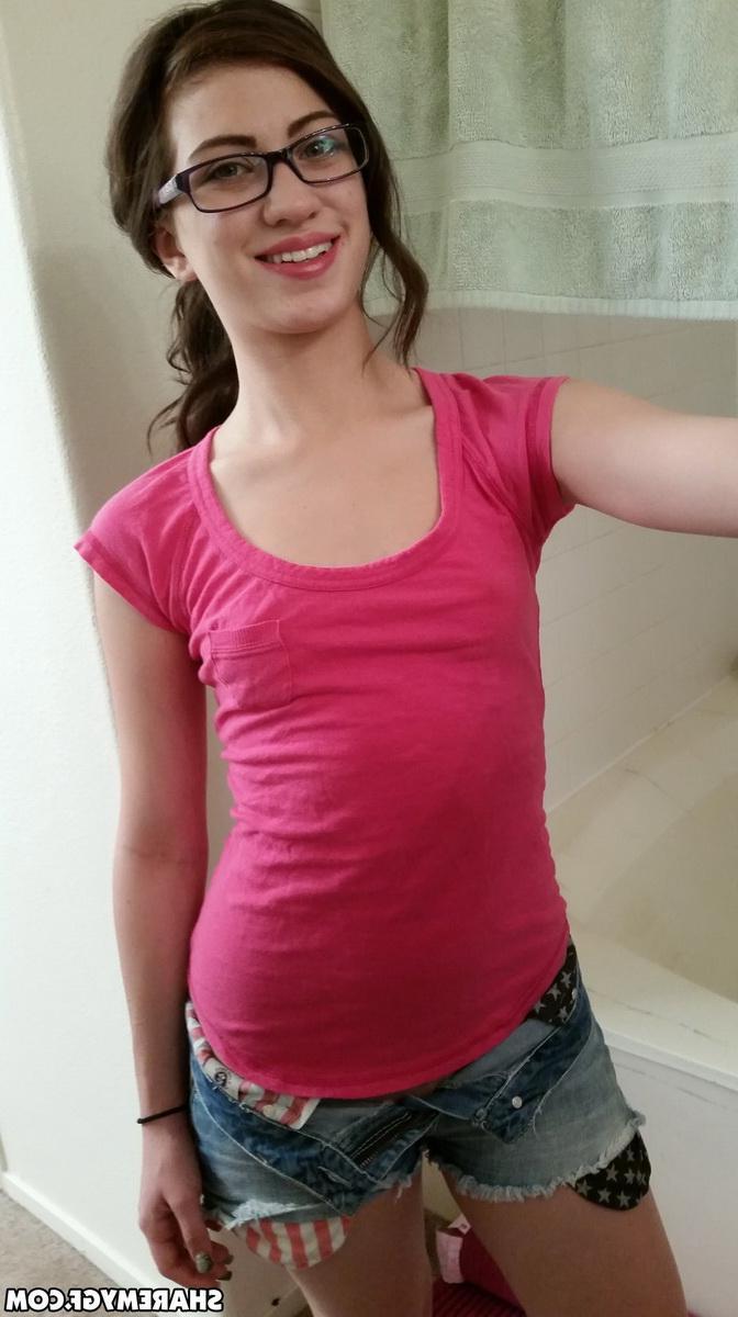 12P Hot brunette coed takes selfies of her tiny tits and round ass for you