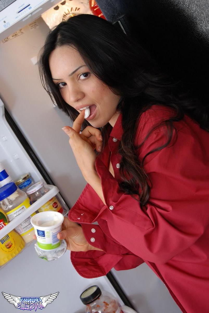 12P Sexy exotic babe Tianna teases in her Dads shirt as she sneaks a beer and snacks from the fridge