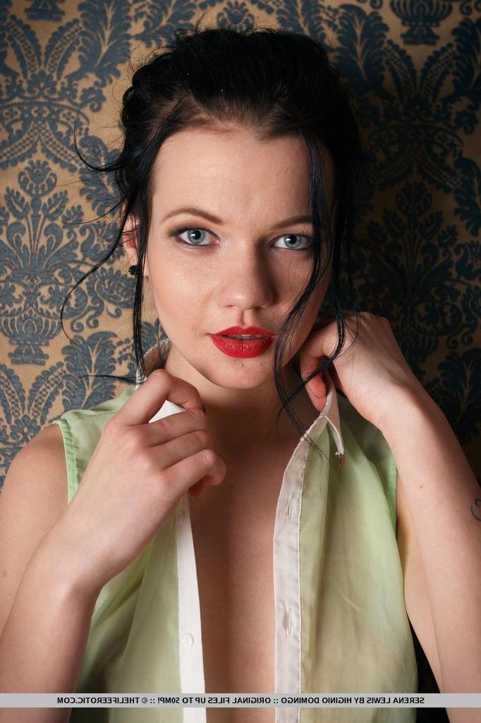 16P Brunette teen Serena Lewis fondles herself in black pantyhose
