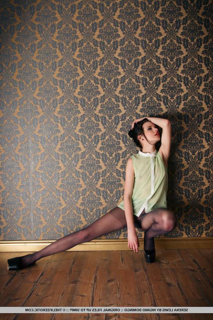 16P Brunette teen Serena Lewis fondles herself in black pantyhose
