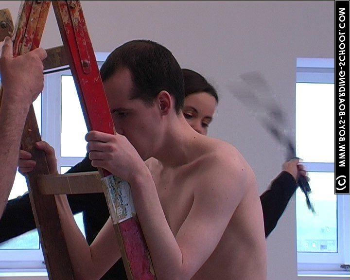 20P Two nude males holding stairs getting spanked by clothed FemDom