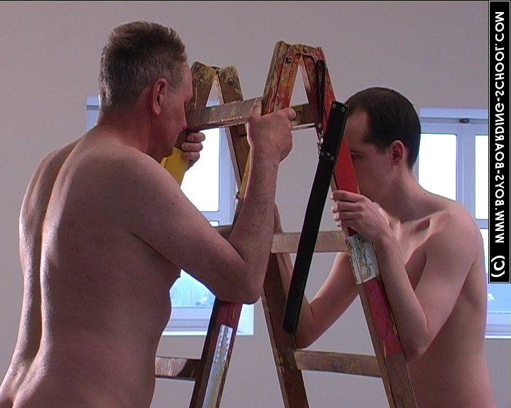 20P Two nude males holding stairs getting spanked by clothed FemDom