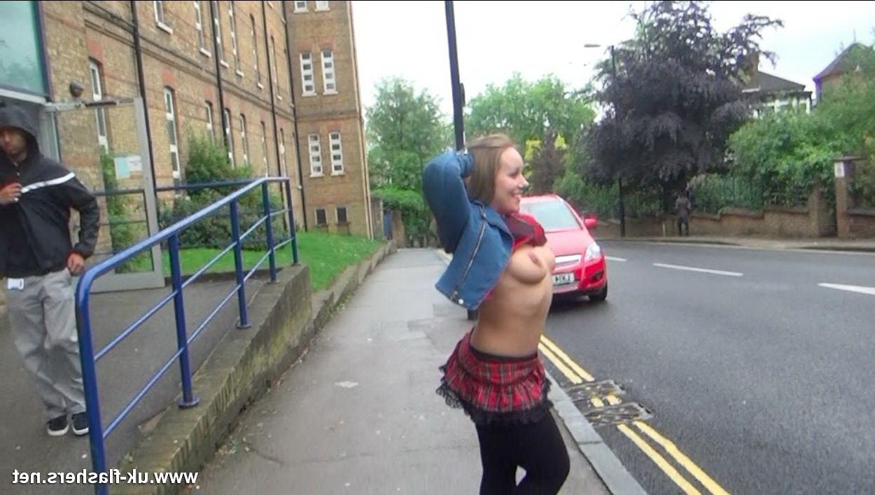 16P Outrageous amateur exhibitionist Ashley flashers her boobs and p