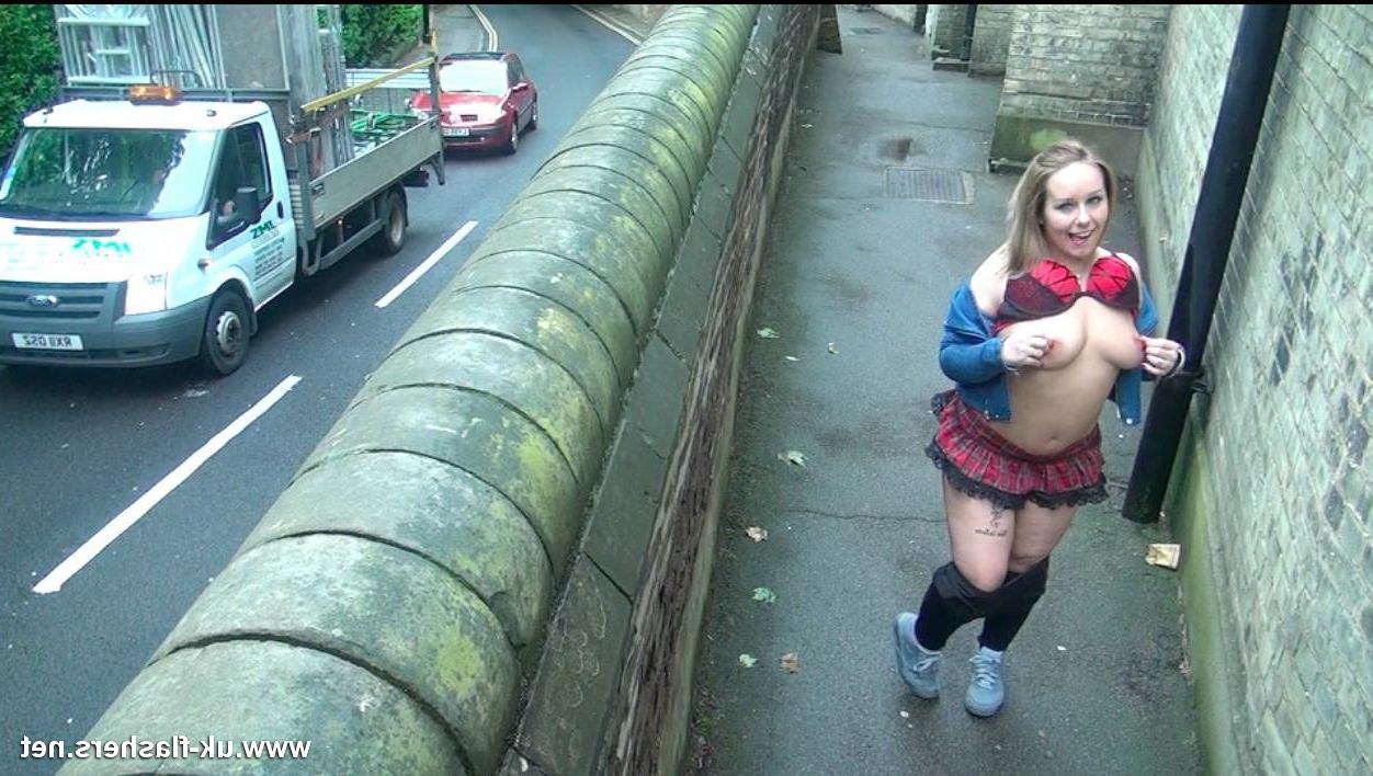 16P Outrageous amateur exhibitionist Ashley flashers her boobs and p