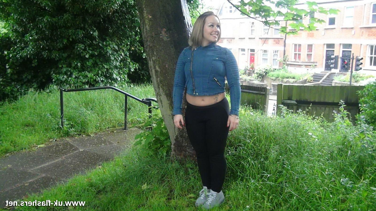 16P Outrageous amateur exhibitionist Ashley flashers her boobs and p