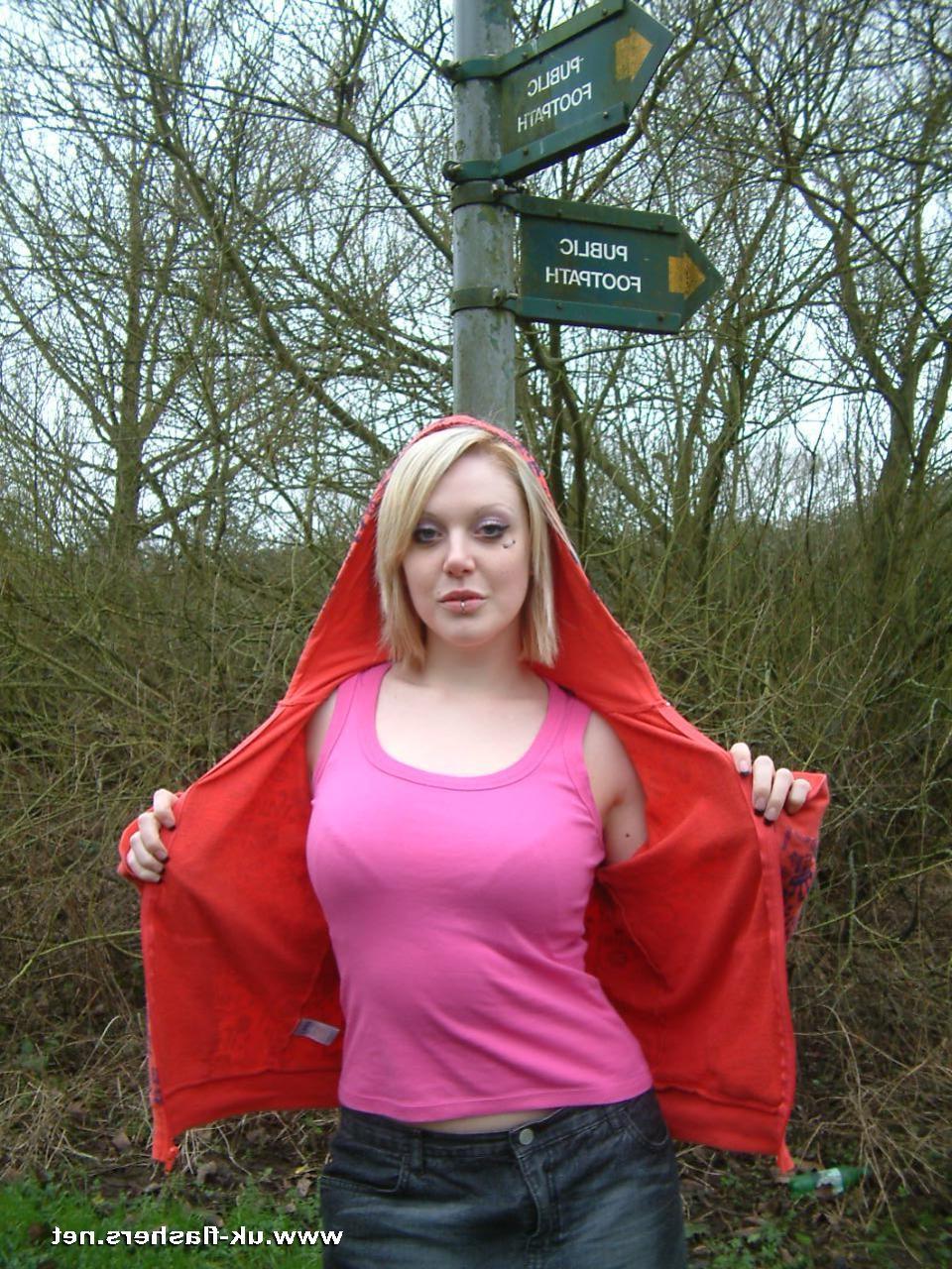 16P Cute amateur blonde Shayna toys with her pussy outdoors at the l